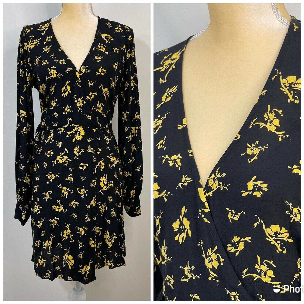 NWOT GANNI Marceau Georgette Wrap Mini Dress Size EU 36 US 4 Black Yellow